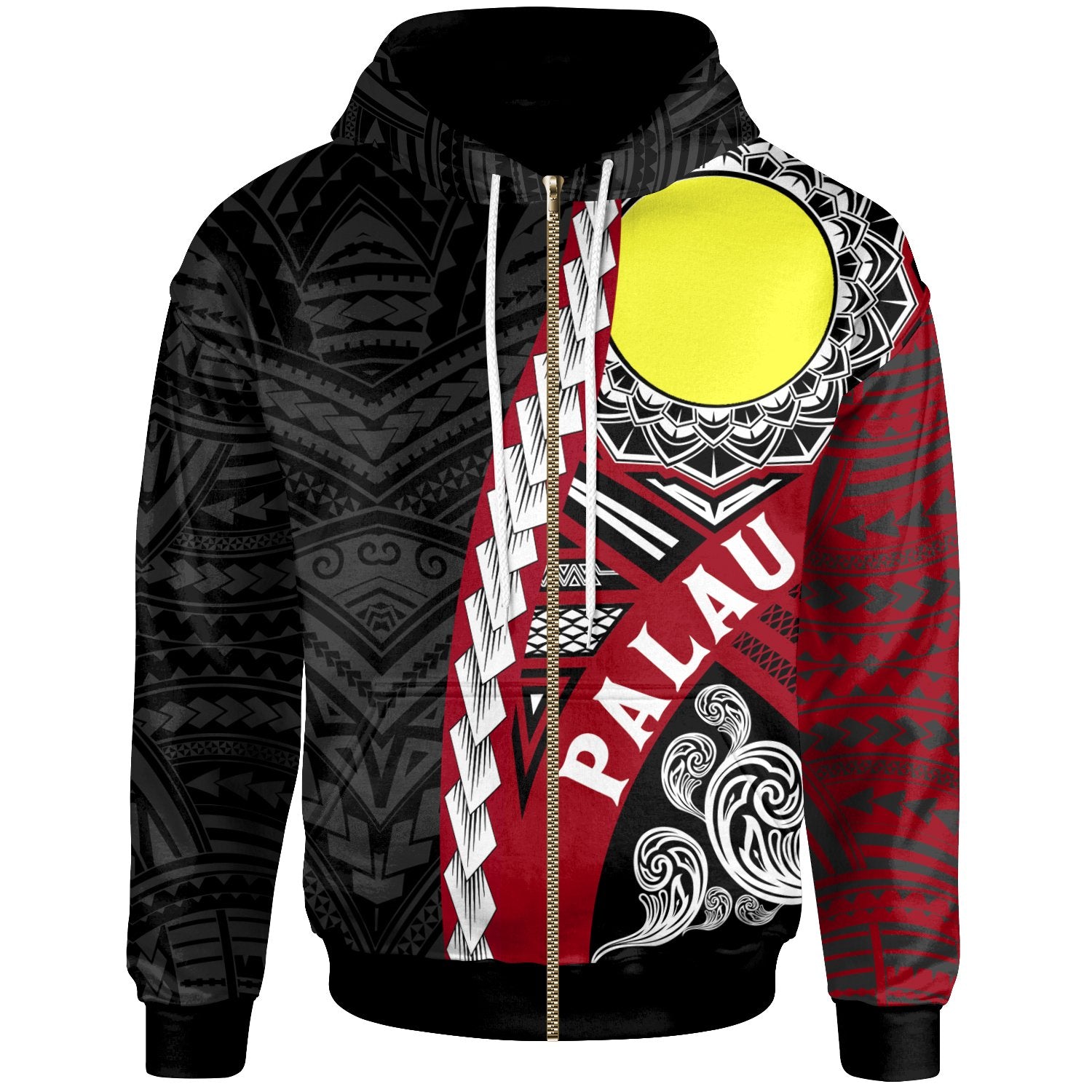 Palau Polynesian Zip up Hoodie Wave Tattoo Unisex Black - Polynesian Pride