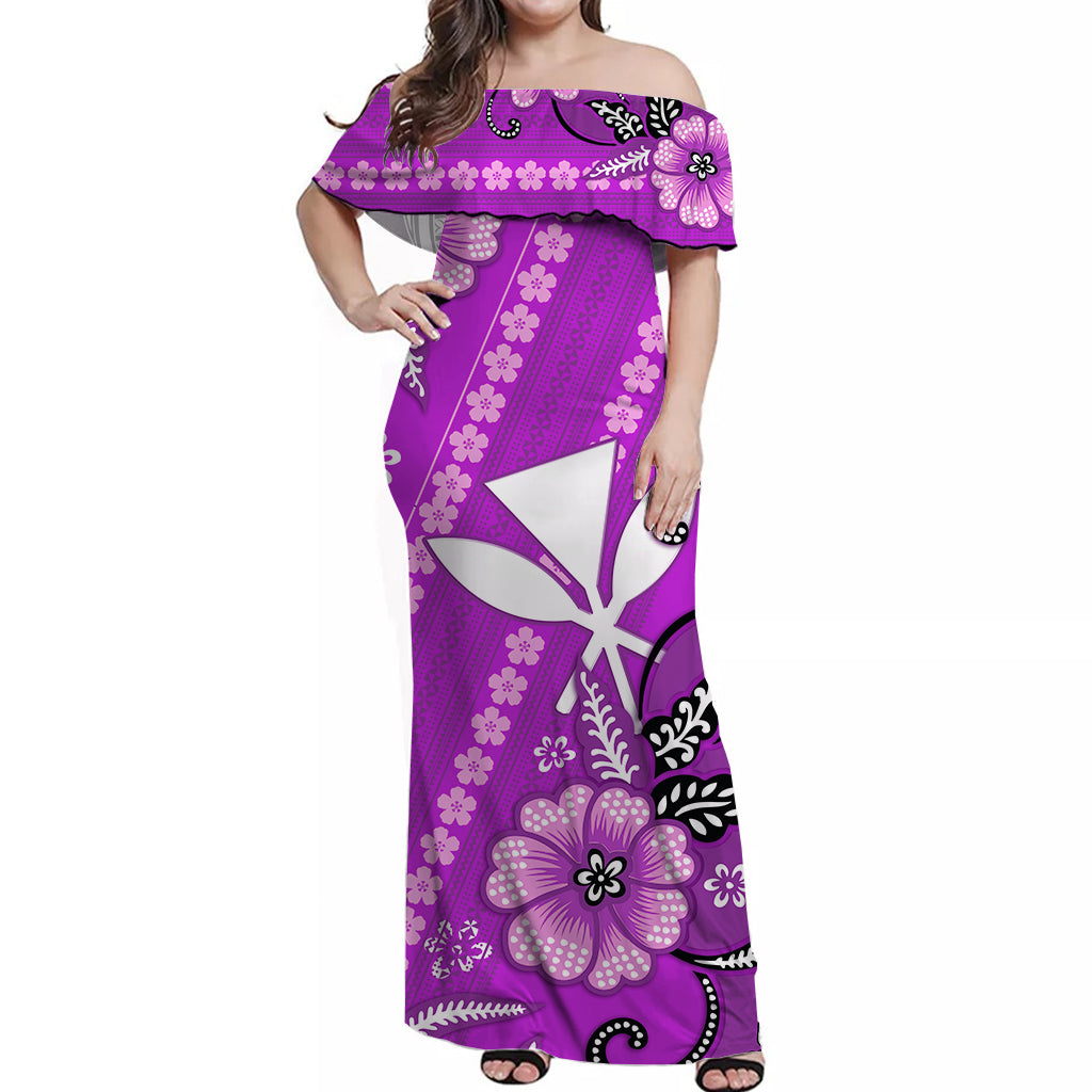 Hawaii Off Shoulder Long Dress Kakau Tribal Purple Batik Floral Ver.01 LT13 Women Purple - Polynesian Pride