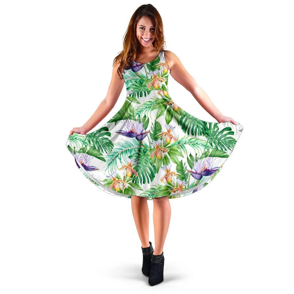 Hawaii Tropical Orange Orchids Strelitzia Monstera Midi Dress Midi Dress Green - Polynesian Pride