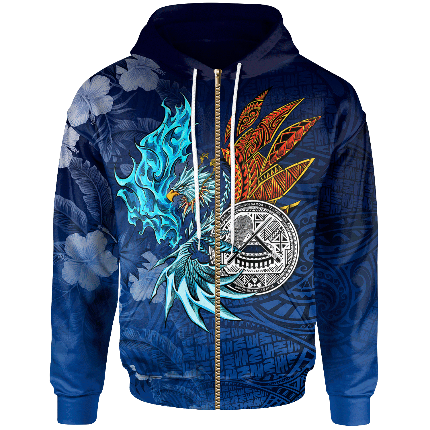 American Samoa Polynesian Zip up Hoodie Blue Polynesian Eagle Unisex Blue - Polynesian Pride