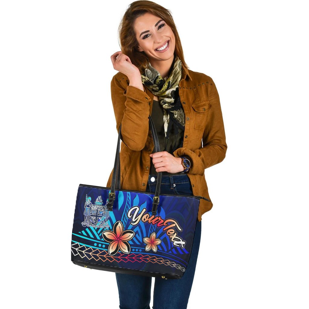 Fiji Custom Personalised Large Leather Tote Bag - Vintage Tribal Mountain Crest - Polynesian Pride