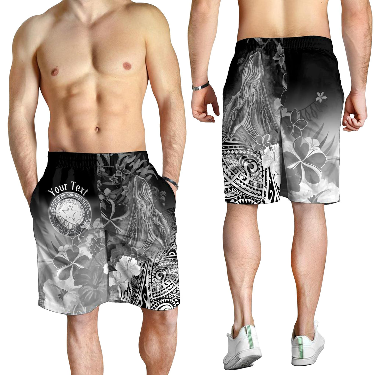 CNMI Custom Personalised Men's Short - Humpback Whale with Tropical Flowers (White) - Polynesian Pride