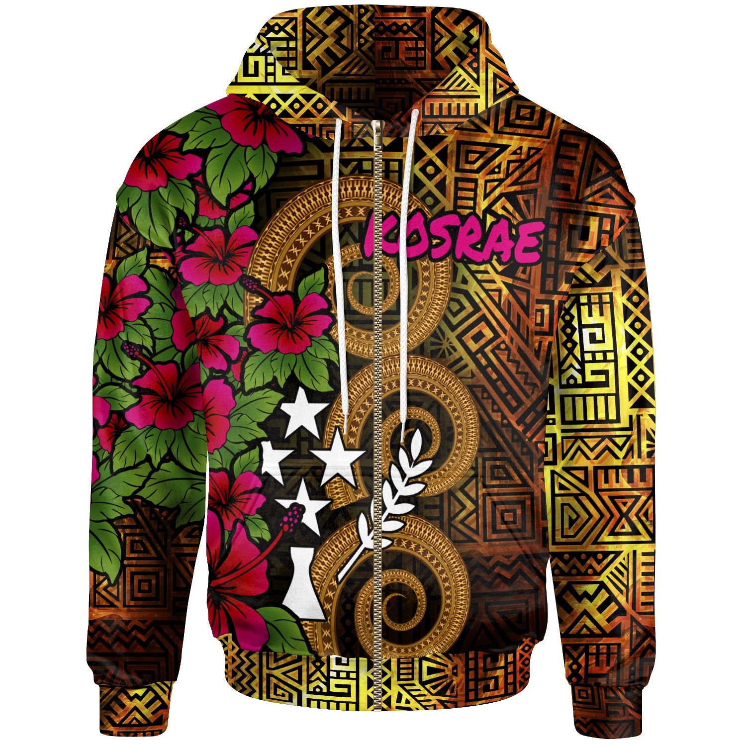 Kosrae Micronesia Zip up Hoodie Hibiscus Vintage Unisex Orange - Polynesian Pride