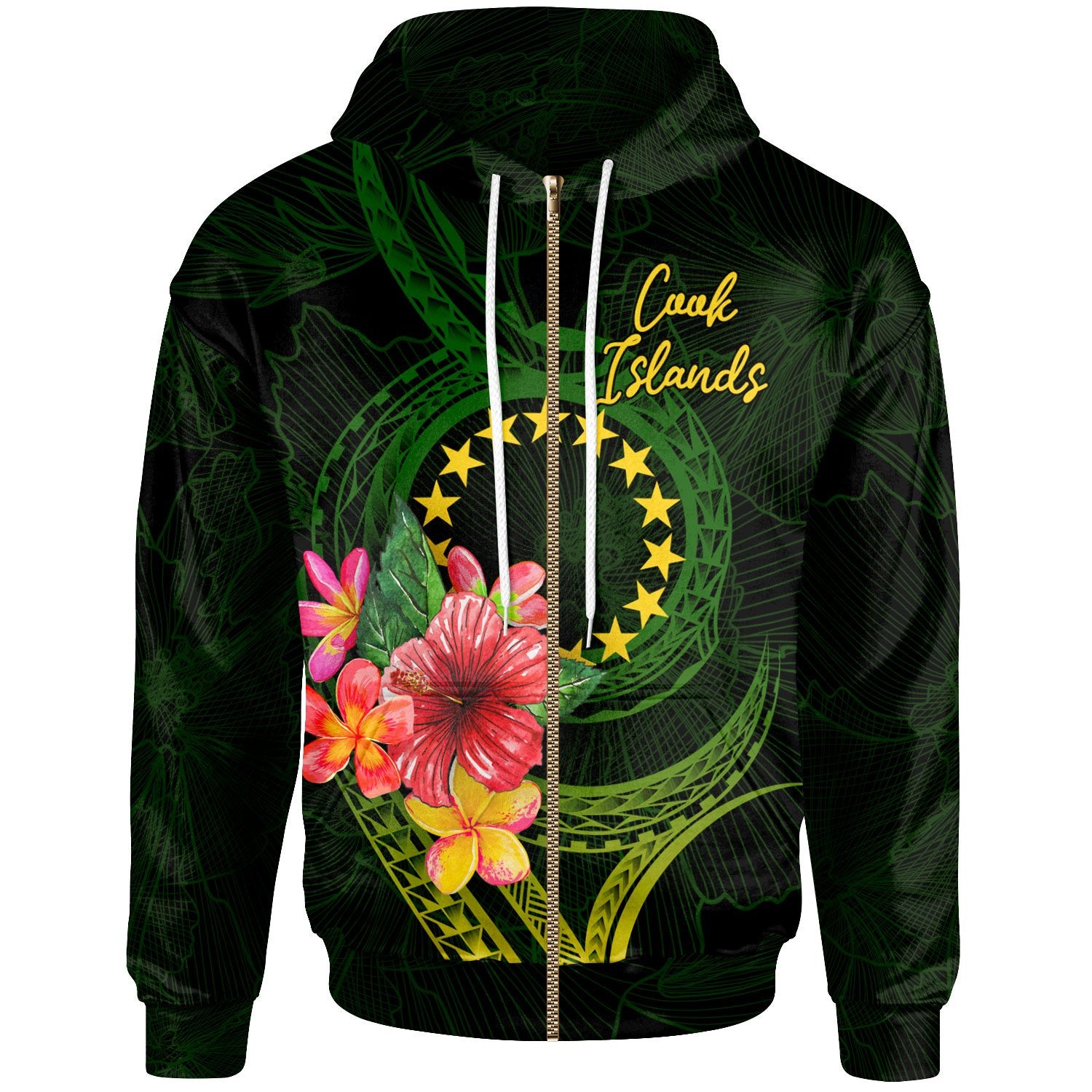 Cook Islands Polynesian Zip Hoodie Floral With Seal Flag Color Unisex Green - Polynesian Pride
