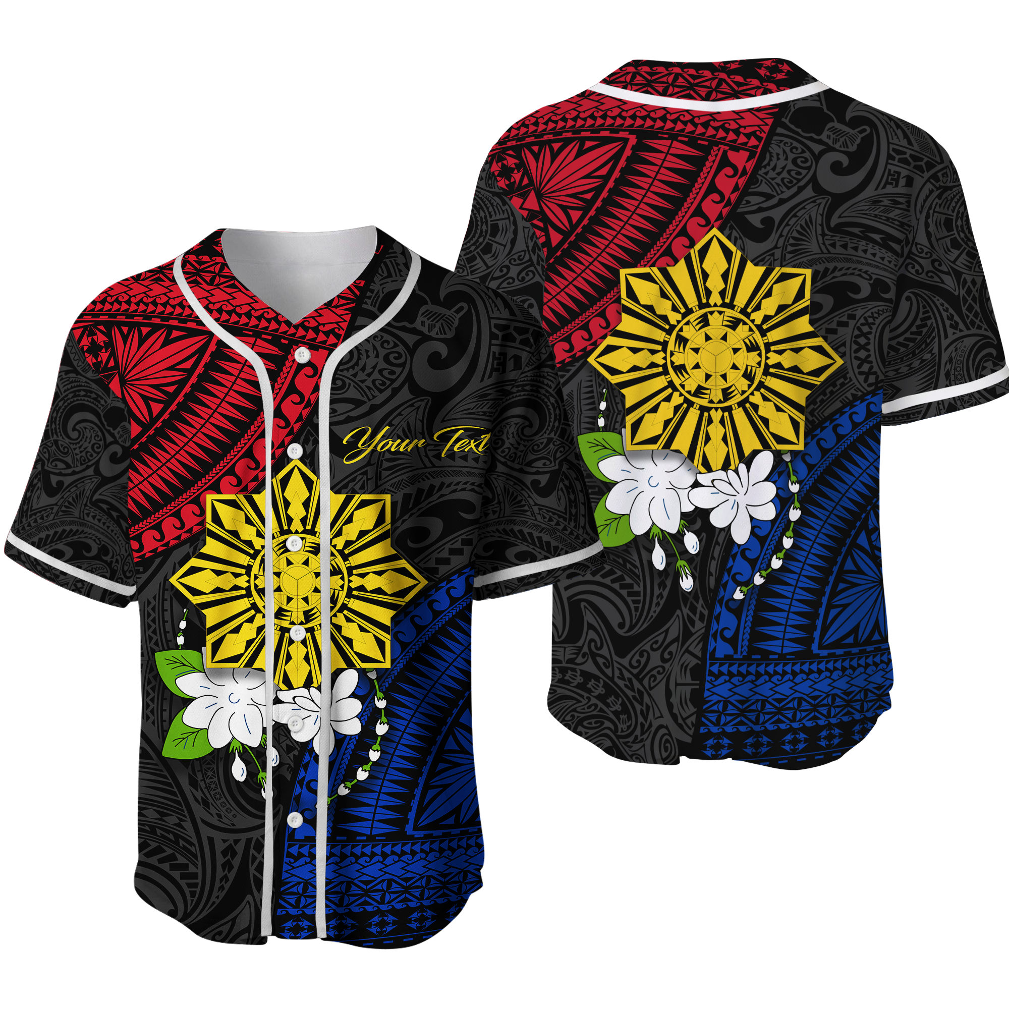 (Custom Personalised) Philippines Sampaguita Filipino Sun Baseball Jersey - LT12 Unisex Black - Polynesian Pride