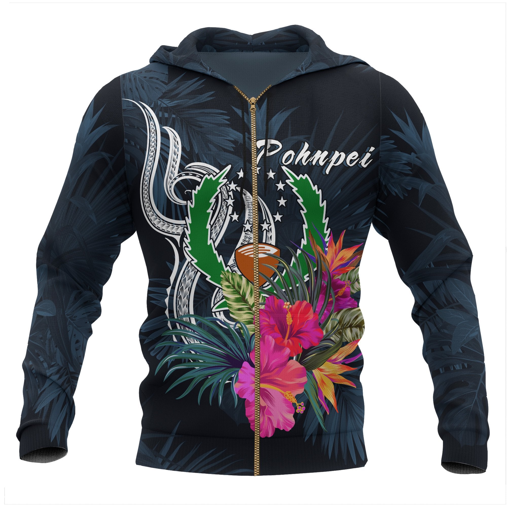 Pohnpei Micronesia Zip up Hoodie Tropical Flowers Unisex Blue - Polynesian Pride