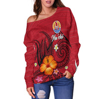 (Custom Personalised) Tahiti Maohi Women Off Shoulder Sweater - Hibiscus With Tribal - LT12 - Polynesian Pride