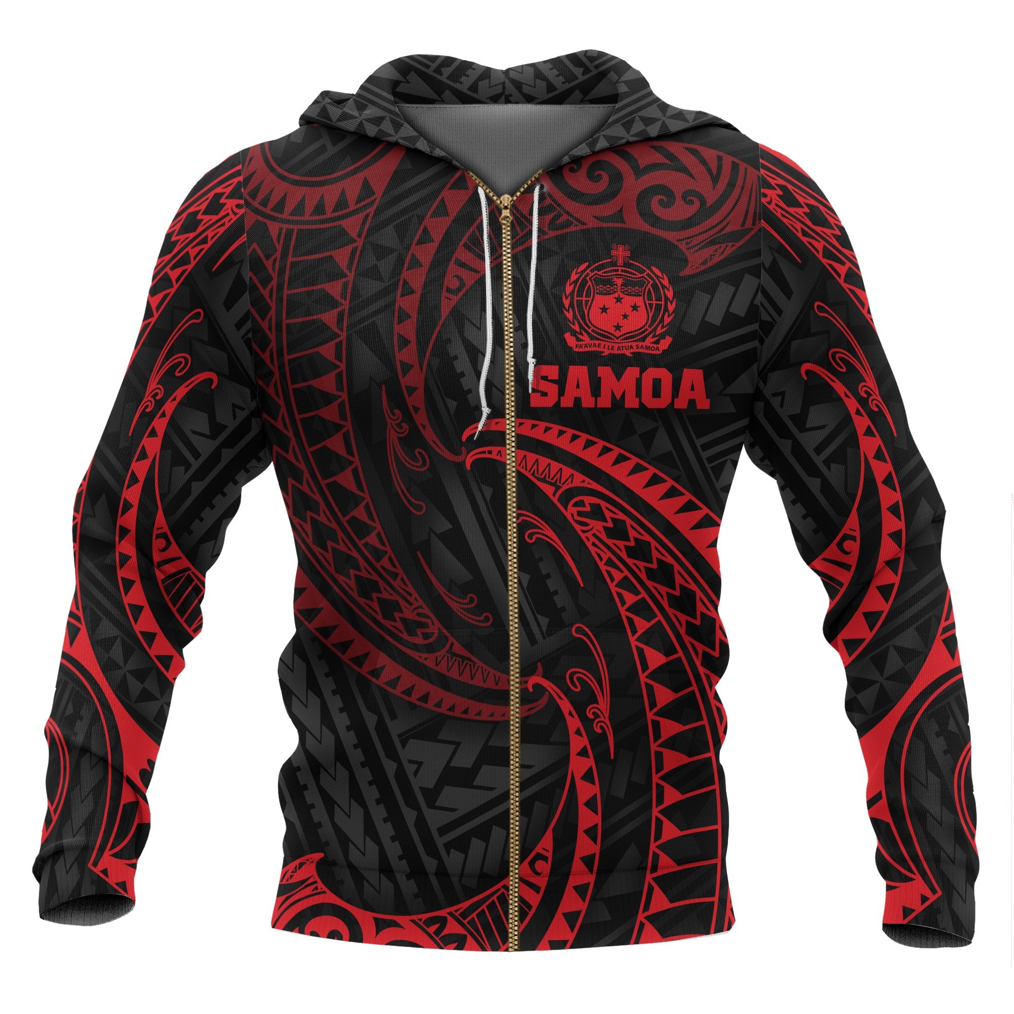 Samoa Polynesian Zip up Hoodie Red Tribal Wave Unisex Red - Polynesian Pride