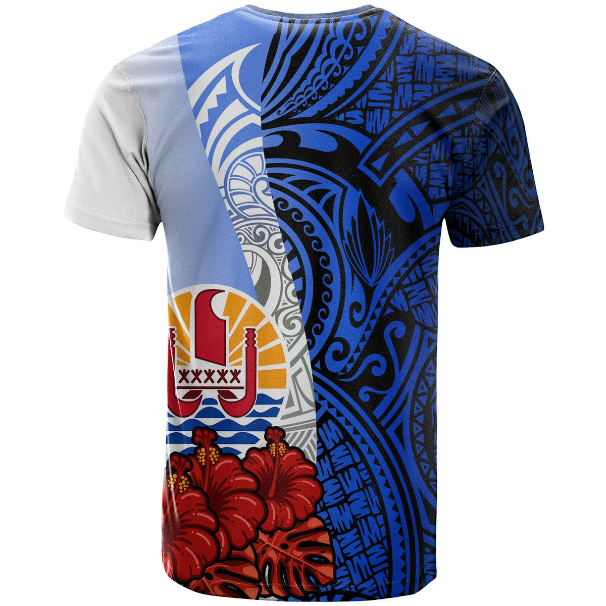 Tahiti Polynesian T Shirt Coat of Arm With Hibiscus Blue - Polynesian Pride