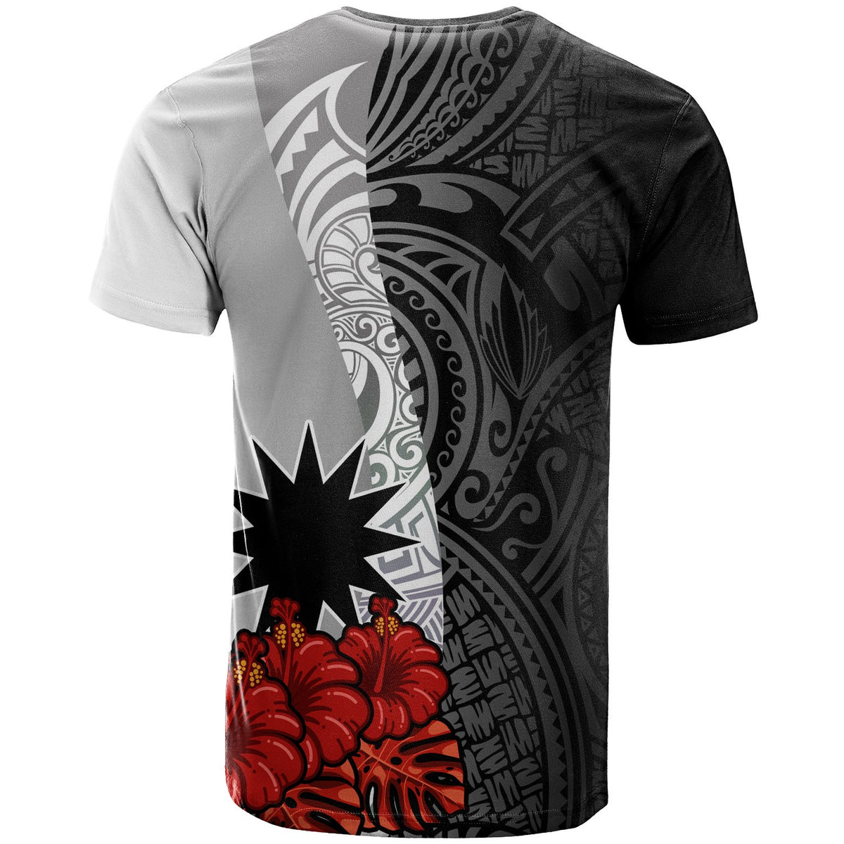 Nauru Polynesian Custom T Shirt Coat Of Arms With Hibiscus White - Polynesian Pride