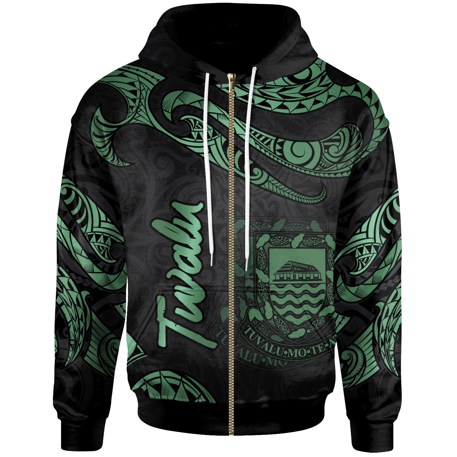 Tuvalu Polynesian Zip Hoodie Polynesian Tattoo Green Version Unisex Green - Polynesian Pride