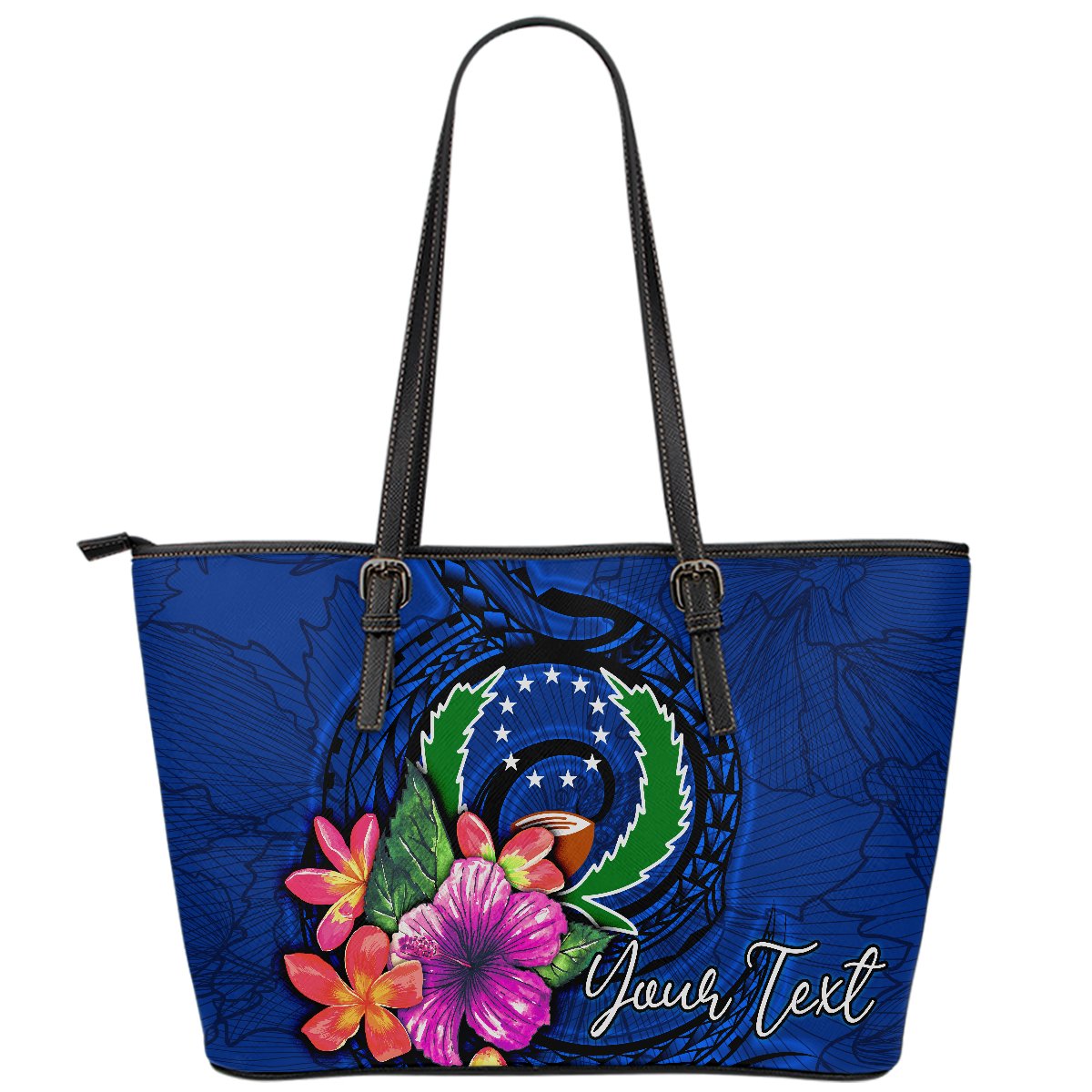 Pohnpei Micronesia Custom Personalised Leather Tote Bag - Floral With Seal Blue Blue - Polynesian Pride