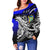 Tuvalu Women's Off Shoulder Sweaters - Tribal Jungle Pattern Blue Color - Polynesian Pride