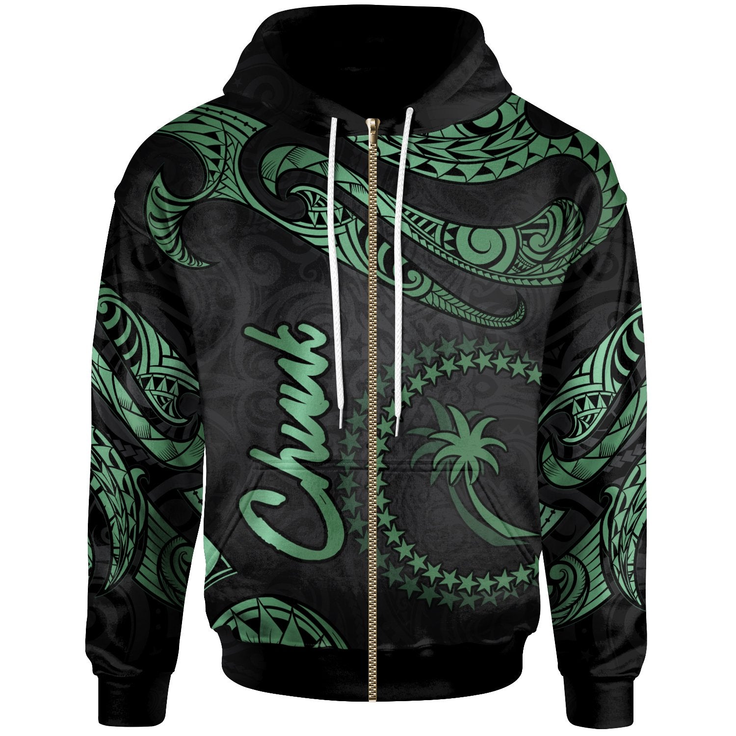 Chuuk Micronesia Zip Hoodie Polynesian Tattoo Green Version Unisex Green - Polynesian Pride