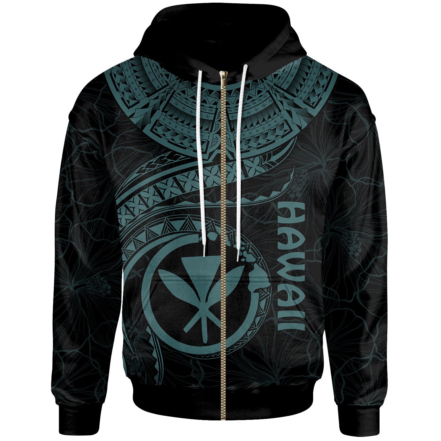 Polynesian Hawaii Kanaka Maoli Zip up Hoodie Hawaiian Waves (Turquoise) Unisex Turquoise - Polynesian Pride