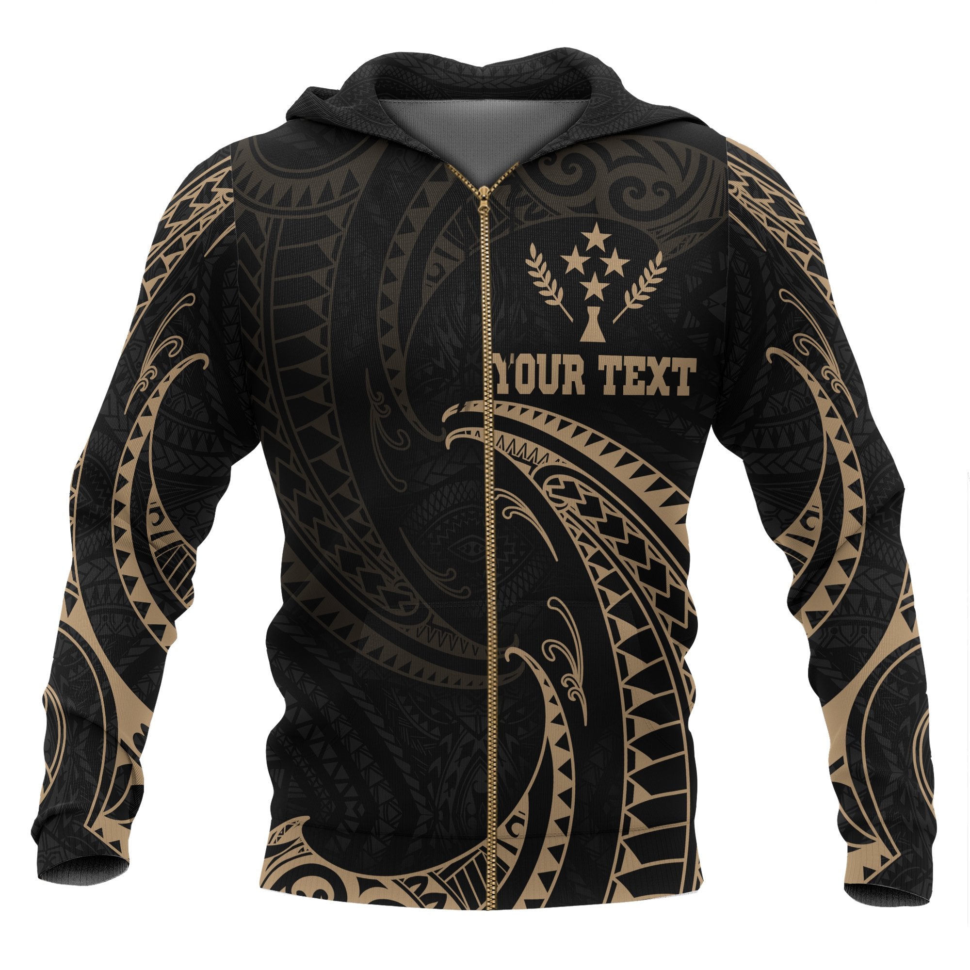 Kosrae Micronesia All Over Custom Zip up Hoodie Gold Tribal Wave Unisex Black - Polynesian Pride