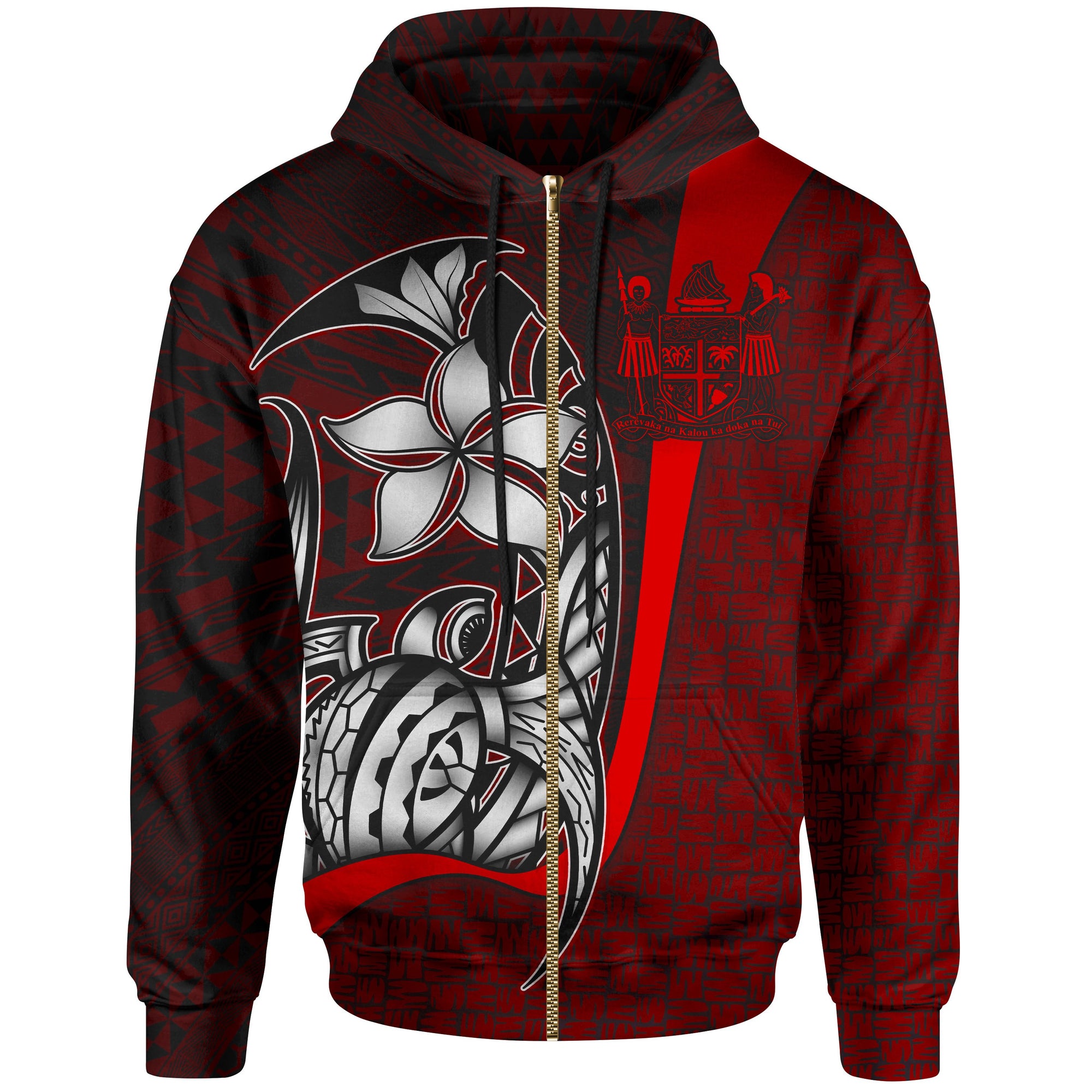 Fiji Polynesian Zip up Hoodie Red Coat of Arm Turtle with Hook Unisex RED - Polynesian Pride