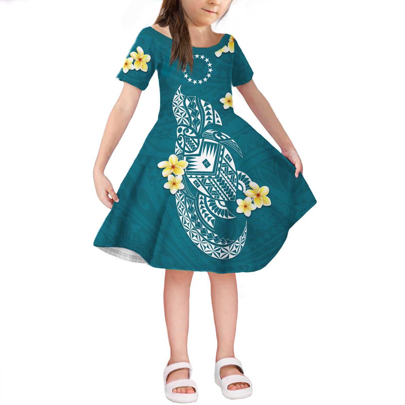 Cook Islands Tatau Short Sleeves Dress KID Symbolize Passion Stars Polynesian Turtle Blue LT13 KID Blue - Polynesian Pride