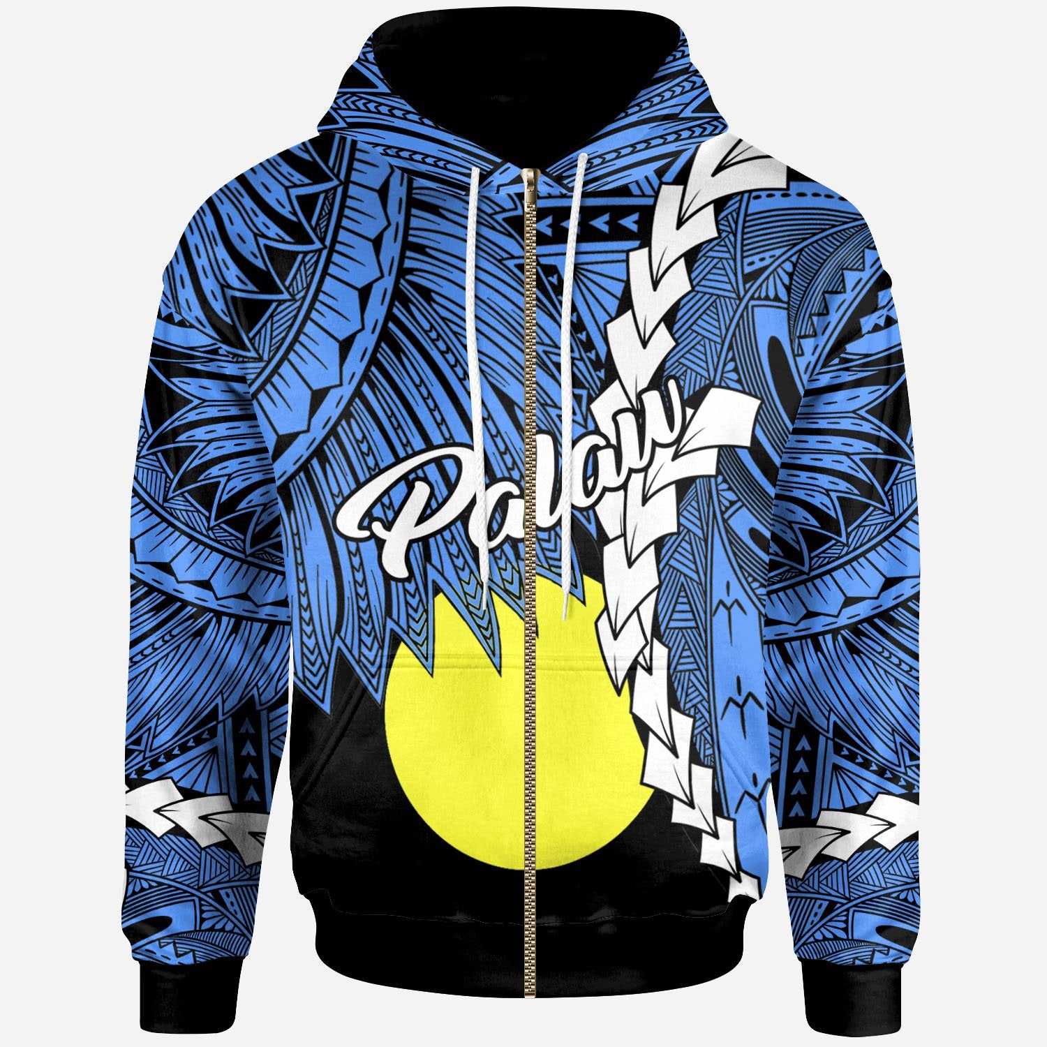 Palau Polynesian Zip up Hoodie Tribal Wave Tattoo Flag Style Unisex Blue - Polynesian Pride