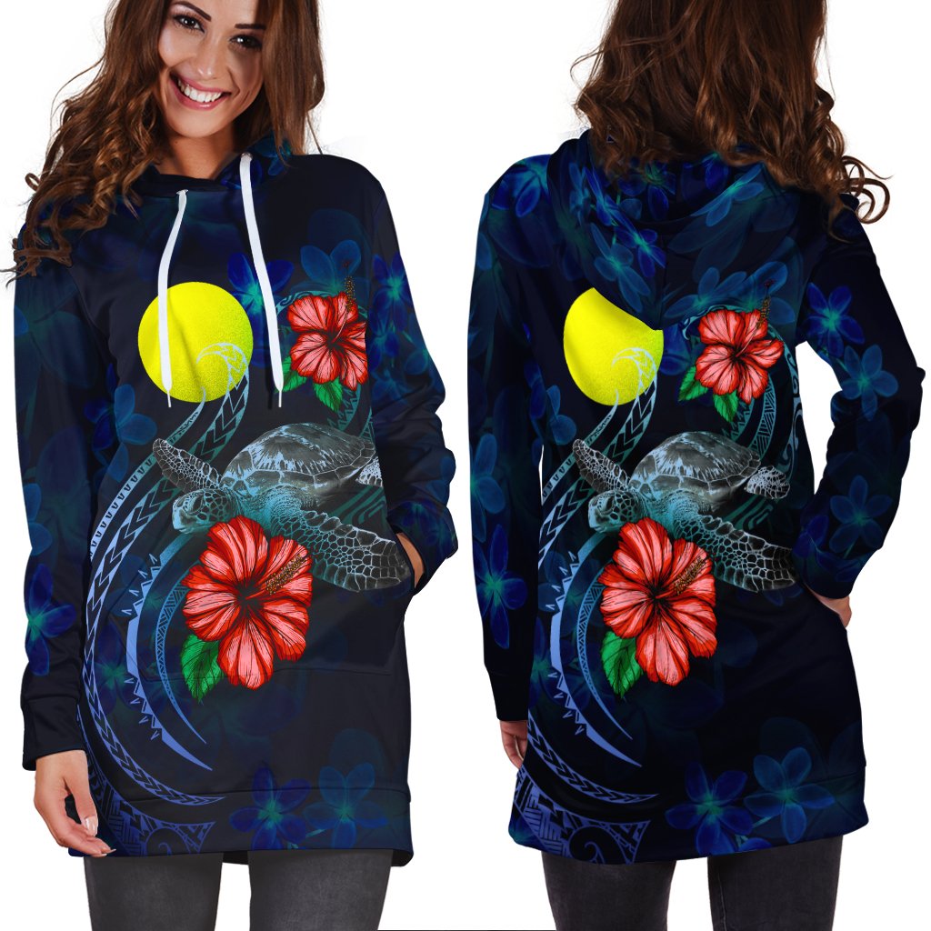 Palau Polynesian Hoodie Dress - Blue Turtle Hibiscus - Polynesian Pride