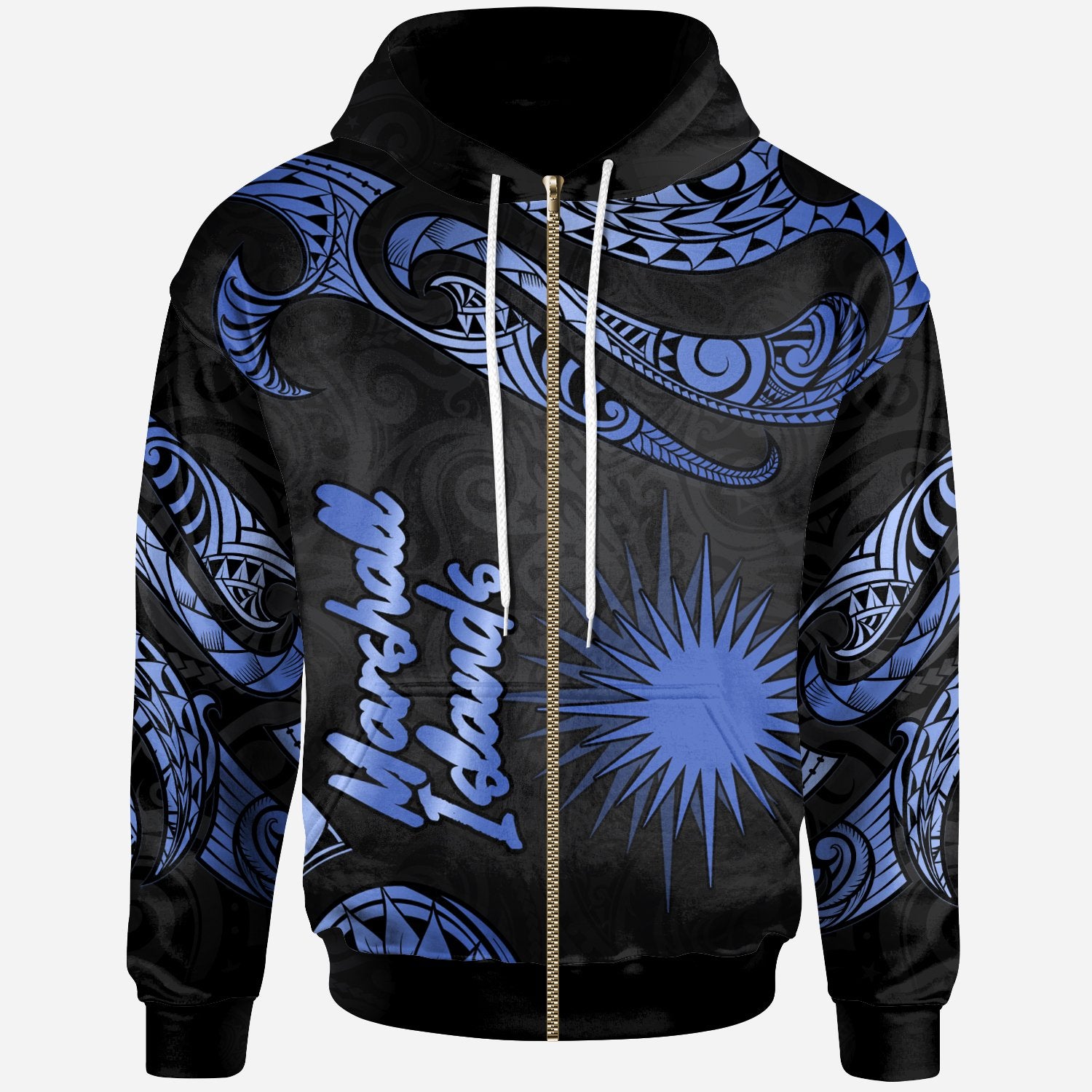 Marshall Islands Polynesian Zip Hoodie Polynesian Tattoo Blue Version Unisex Blue - Polynesian Pride