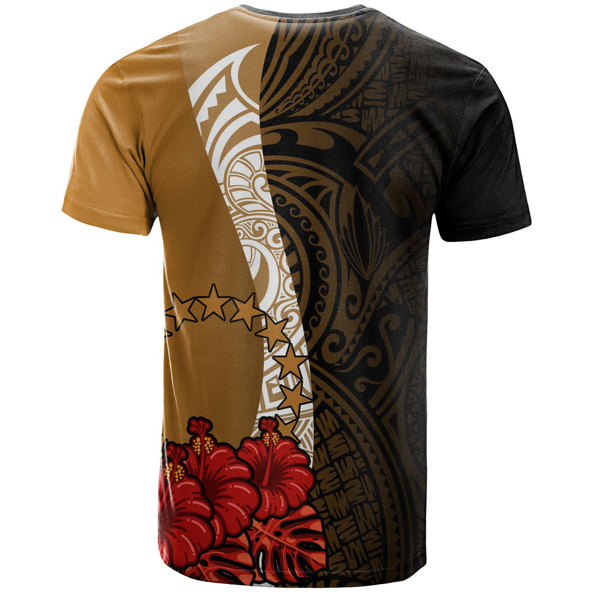 Cook islands Polynesian Custom T Shirt Coat of Arms With Hibiscus Gold - Polynesian Pride