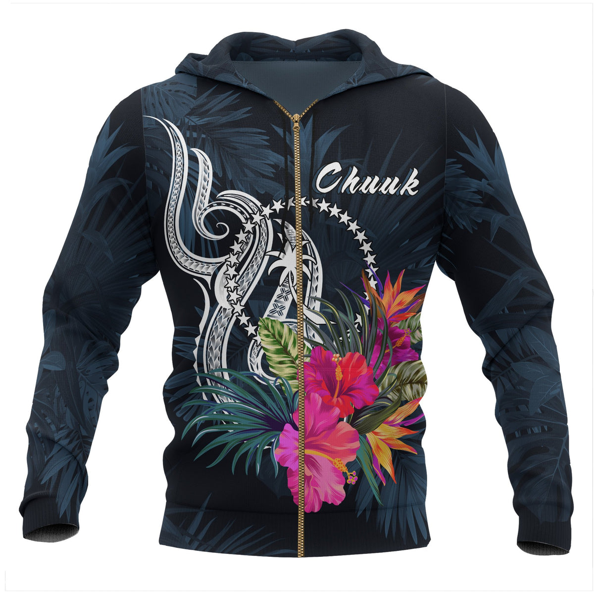 Chuuk Micronesia Zip up Hoodie Tropical Flowers Unisex Blue - Polynesian Pride