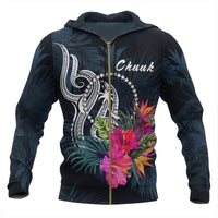 Chuuk Micronesia Zip up Hoodie Tropical Flowers Unisex Blue - Polynesian Pride