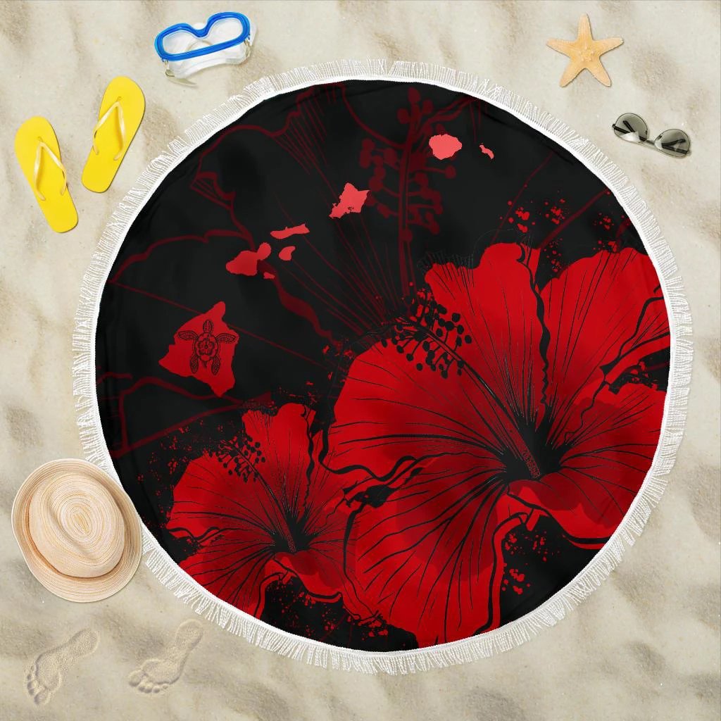 Hawaii Hibiscus Black And Red Beach Blanket Beach Blanket 59x59 Black And Red - Polynesian Pride