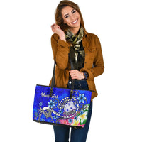 Fiji Custom Personalised Large Leather Tote Bag - Turtle Plumeria (Blue) - Polynesian Pride