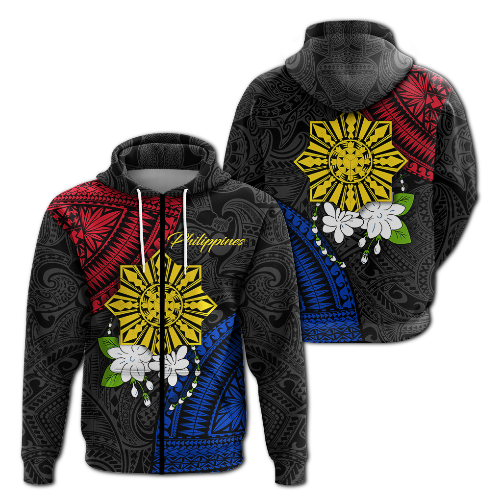 Philippines Sampaguita Filipino Sun Hoodie LT12 Zip Hoodie Black - Polynesian Pride