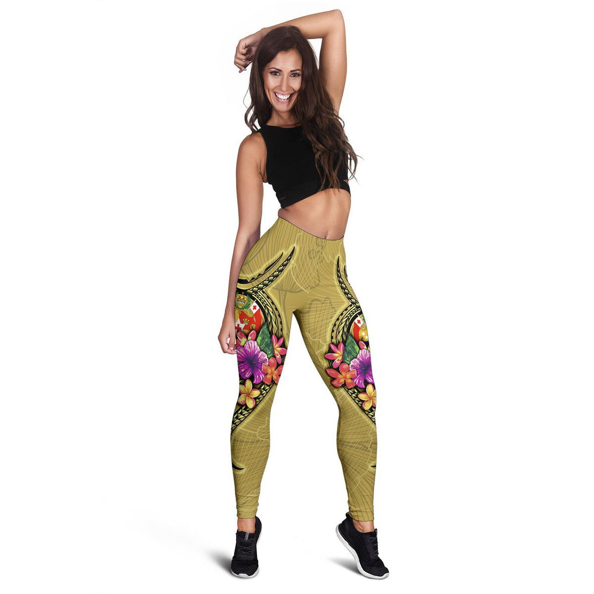 Tonga Polynesian Legging - Floral With Seal Gold - Polynesian Pride