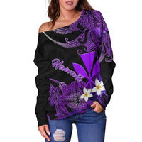 Hawaii Turtle With Plumeria Leaf Purple Women Off Shoulder Sweater - LT12 - Polynesian Pride