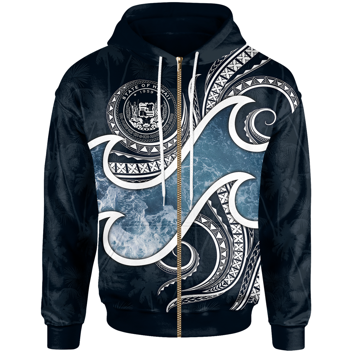 Polynesian Hawaii Zip up Hoodie Ocean Style (Coat of Arms) Unisex Black - Polynesian Pride