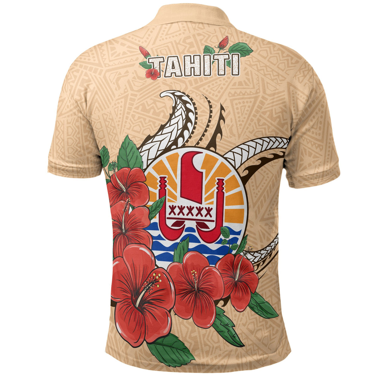 Tahiti Polynesian Polo Shirt Hibiscus Coat of Arm Beige - Polynesian Pride