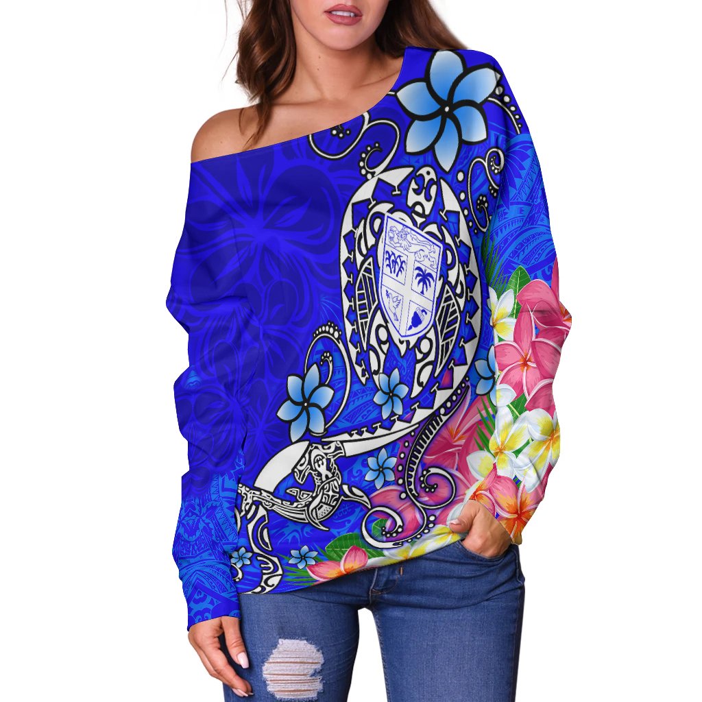 Fiji Women's Off Shoulder Sweater - Turtle Plumeria (Blue) - Polynesian Pride
