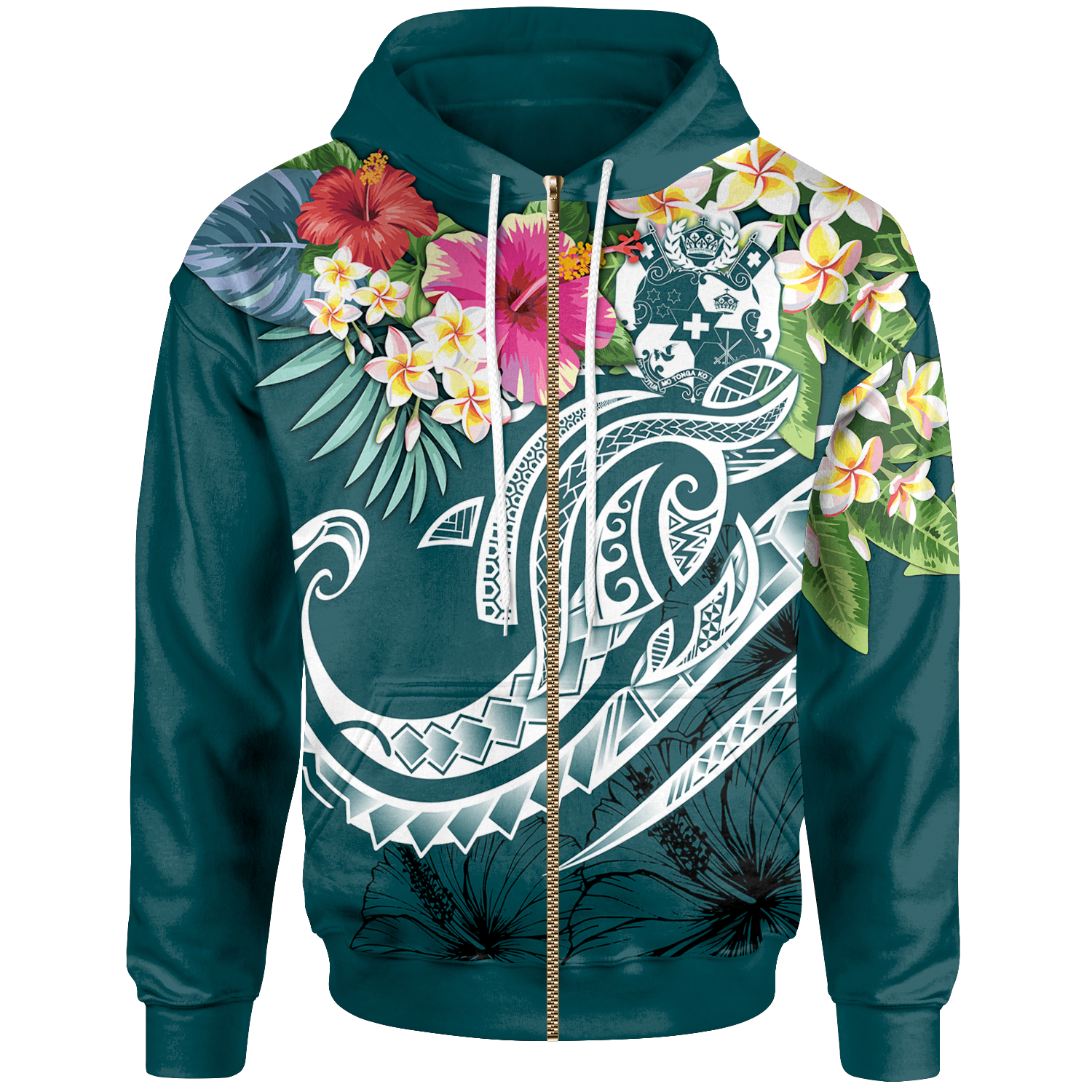 Tonga Polynesian Zip up Hoodie Summer Plumeria (Turquoise) Unisex Turquoise - Polynesian Pride