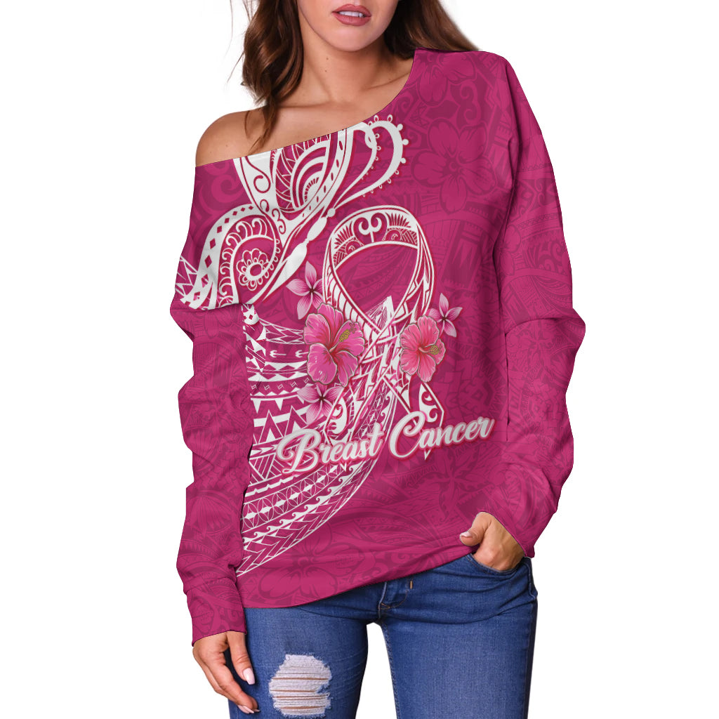 Breast Cancer Pink Ribbon Butterfly Polynesian Pink Version Women Off Shoulder Sweater - LT12 - Polynesian Pride
