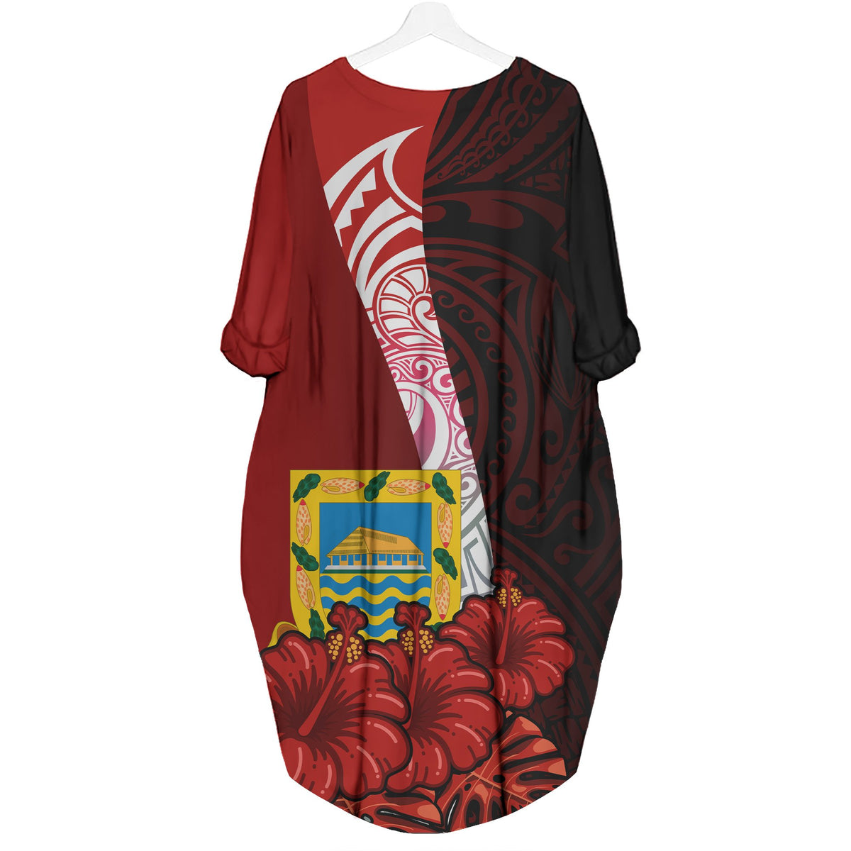 Tuvalu Polynesian Batwing Pocket Dress - Hibiscus With Coat Of Arm - Polynesian Pride