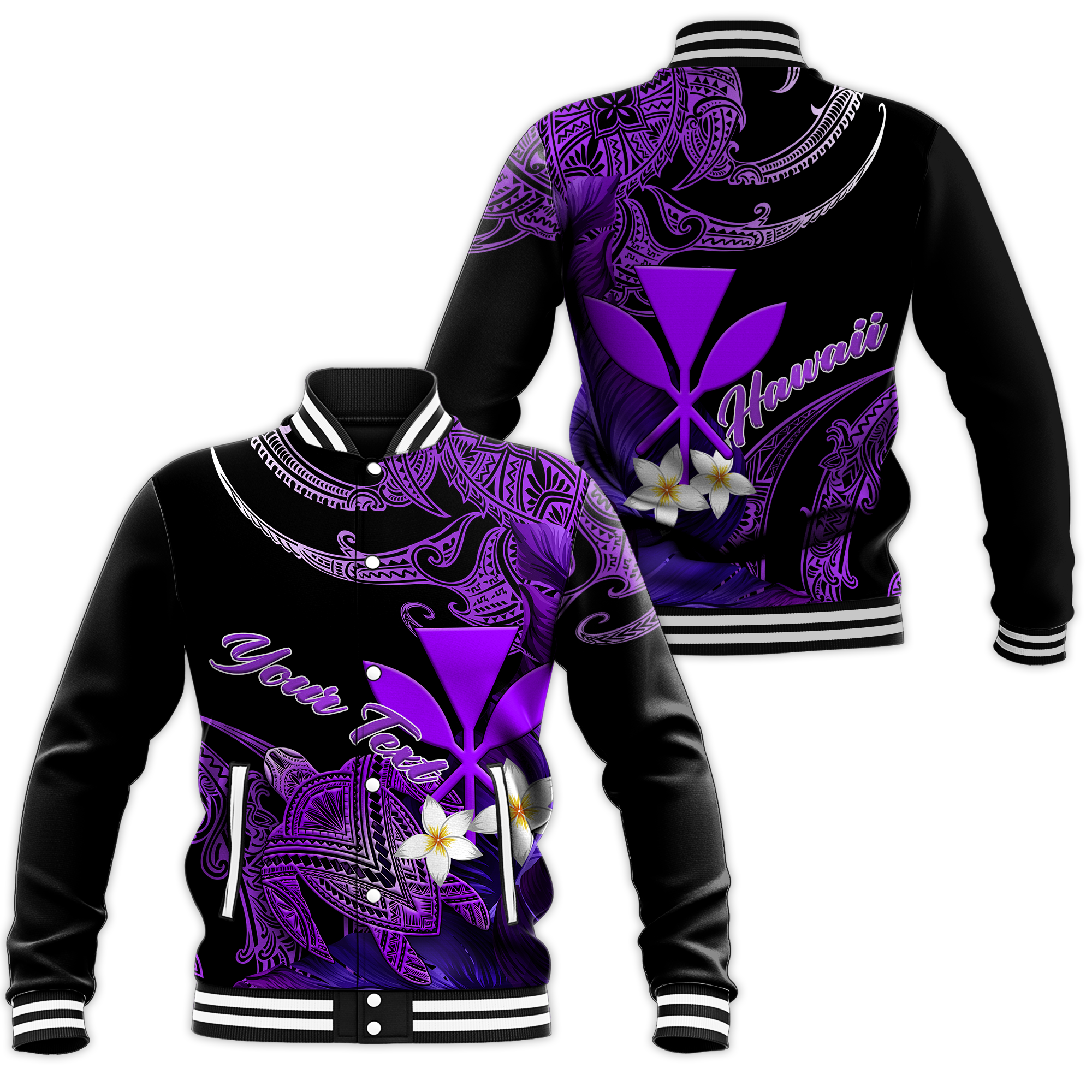 (Custom Personalised) Hawaii Turtle With Plumeria Leaf Purple Baseball Jacket - LT12 Unisex Black - Polynesian Pride
