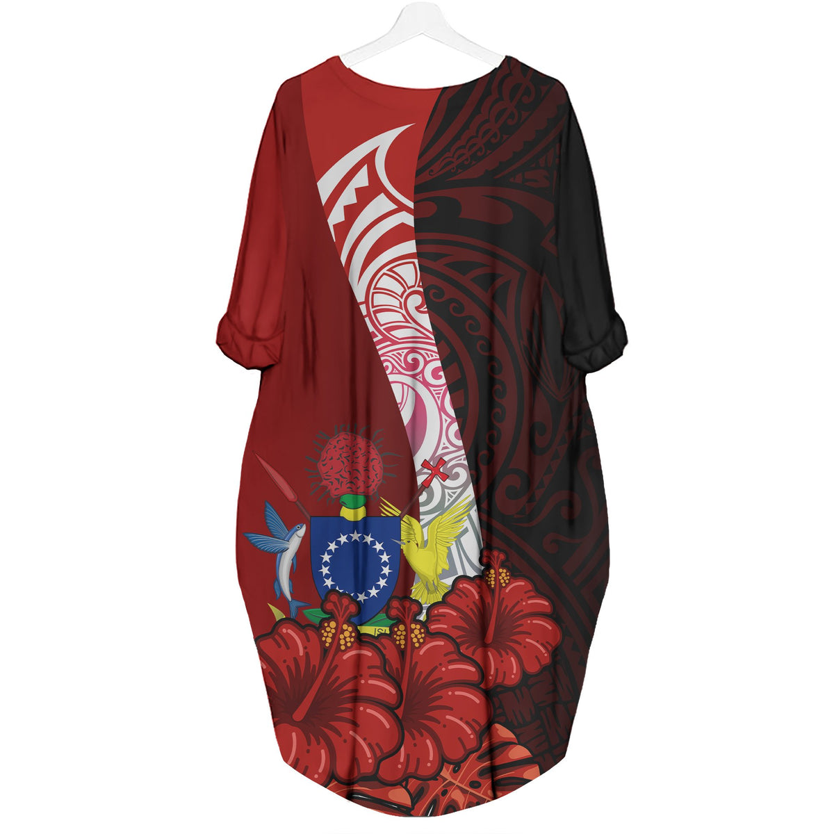 Cook Islands Custom Personalised Polynesian Batwing Pocket Dress - Hibiscus With Coat Of Arm - Polynesian Pride