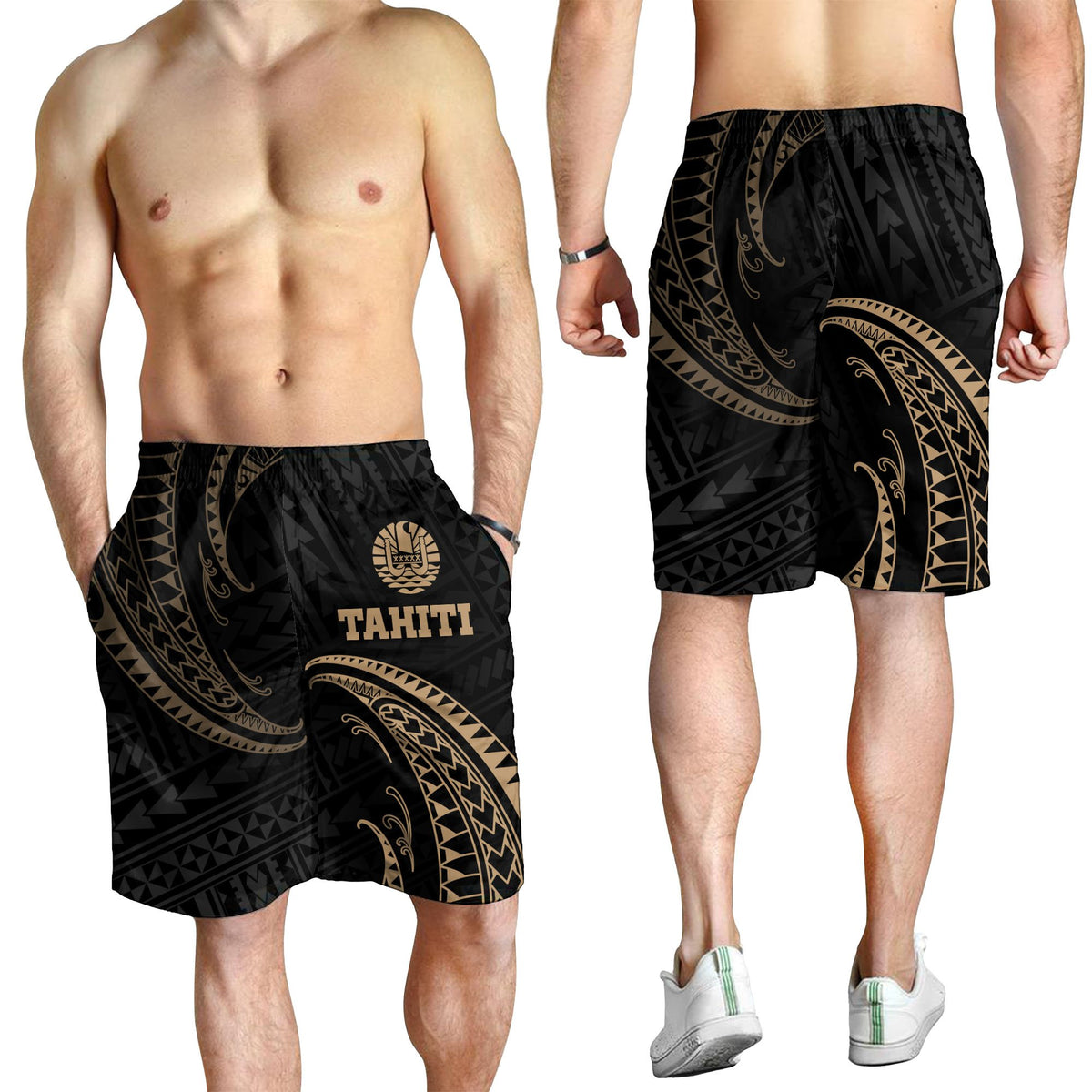 Tahiti Polynesian Men's Short - Gold Tribal Wave - Polynesian Pride