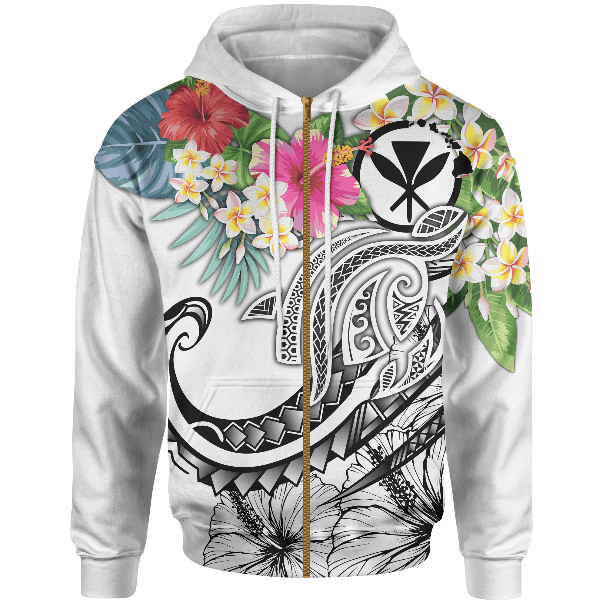 Polynesian Hawaii Kanaka Maoli Zip up Hoodie Summer Plumeria (White) Unisex White - Polynesian Pride