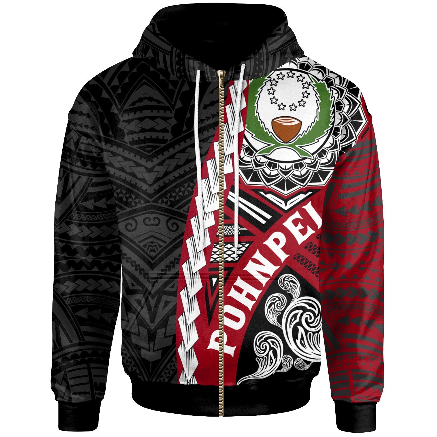 Pohnpei Micronesia Polynesian Zip up Hoodie Wave Tattoo Unisex Black - Polynesian Pride