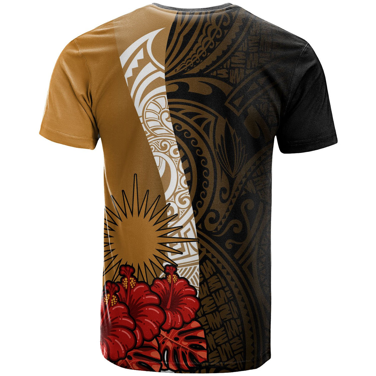 Marshall Islands Polynesian Custom T Shirt Coat Of Arms With Hibiscus Gold - Polynesian Pride