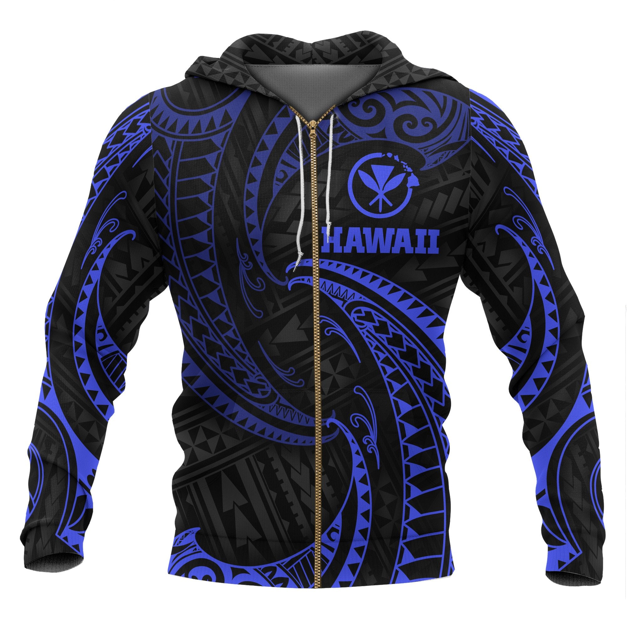 Hawaii Polynesian Zip up Hoodie Blue Tribal Wave Unisex Blue - Polynesian Pride