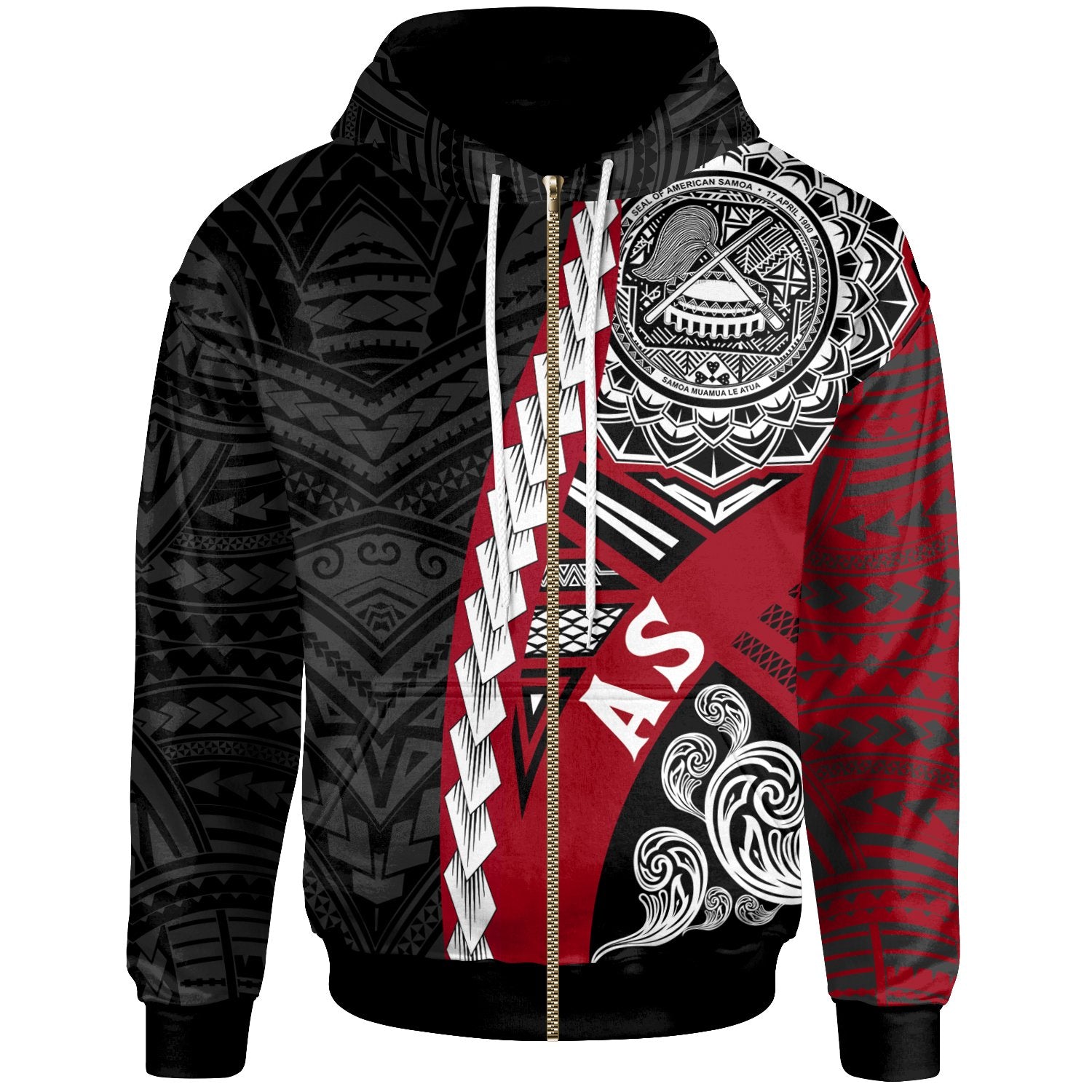 American Samoa Polynesian Zip up Hoodie Wave Tattoo Unisex Red - Polynesian Pride