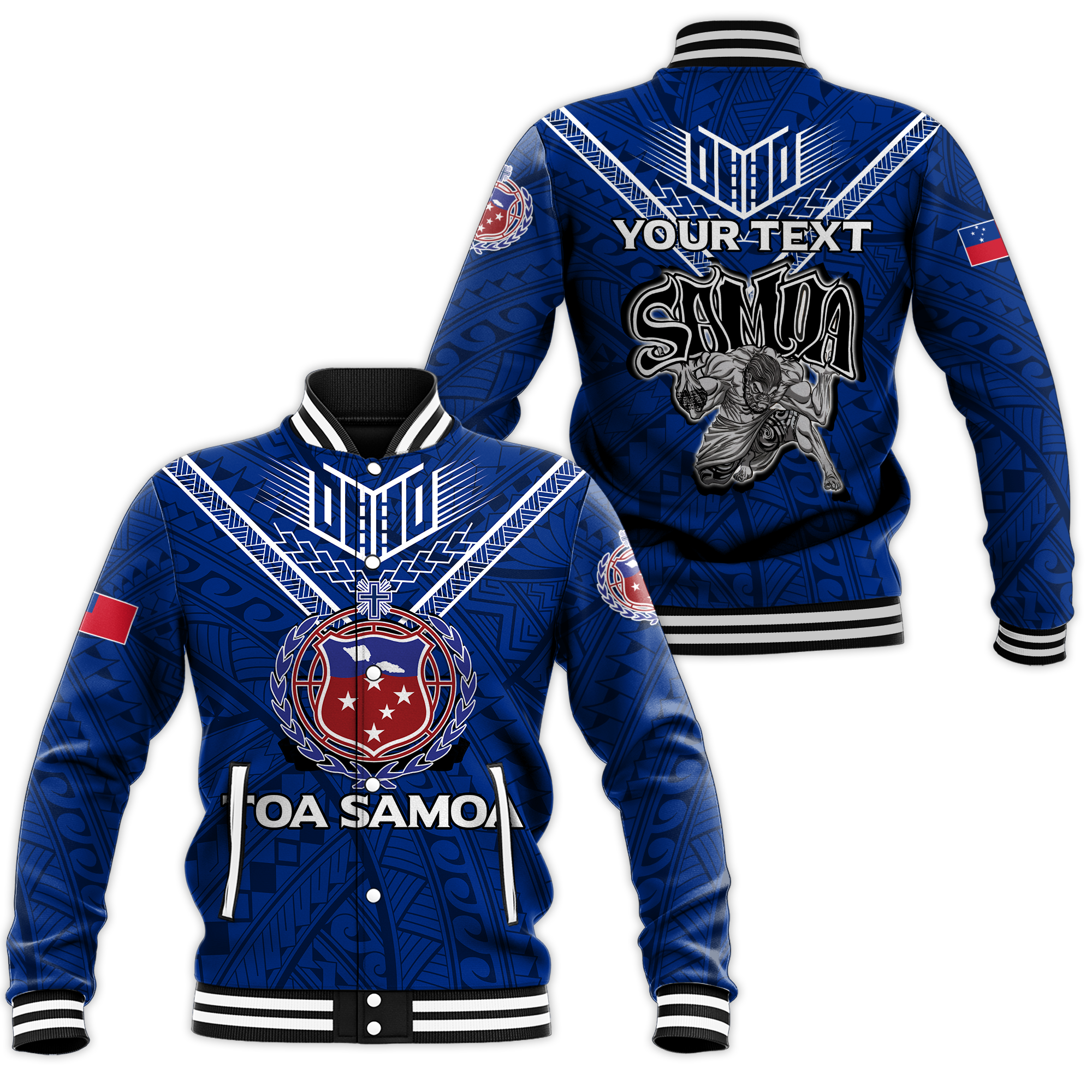 (Custom Personalised) Toa Samoa Rugby Baseball Jacket - Samoan Warrior Pride - LT12 Unisex Blue - Polynesian Pride