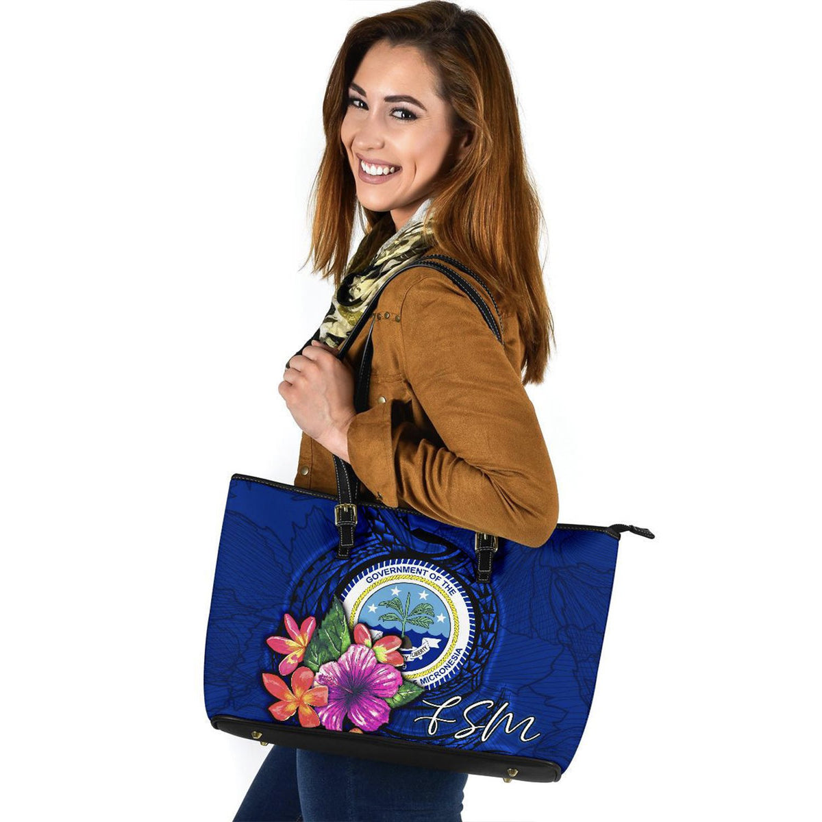Federated States of Micronesia Leather Tote Bag - Floral With Seal Blue - Polynesian Pride