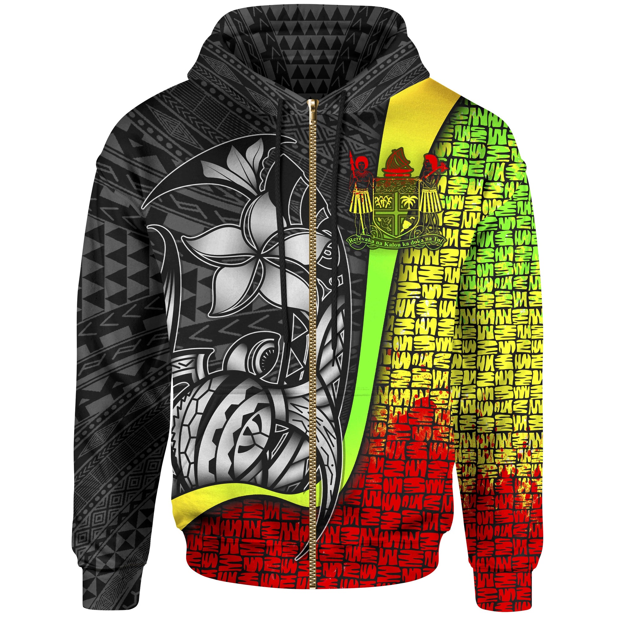 Fiji Polynesian Zip up Hoodie Reggae Coat of Arm Turtle with Hook Unisex REGGAE - Polynesian Pride